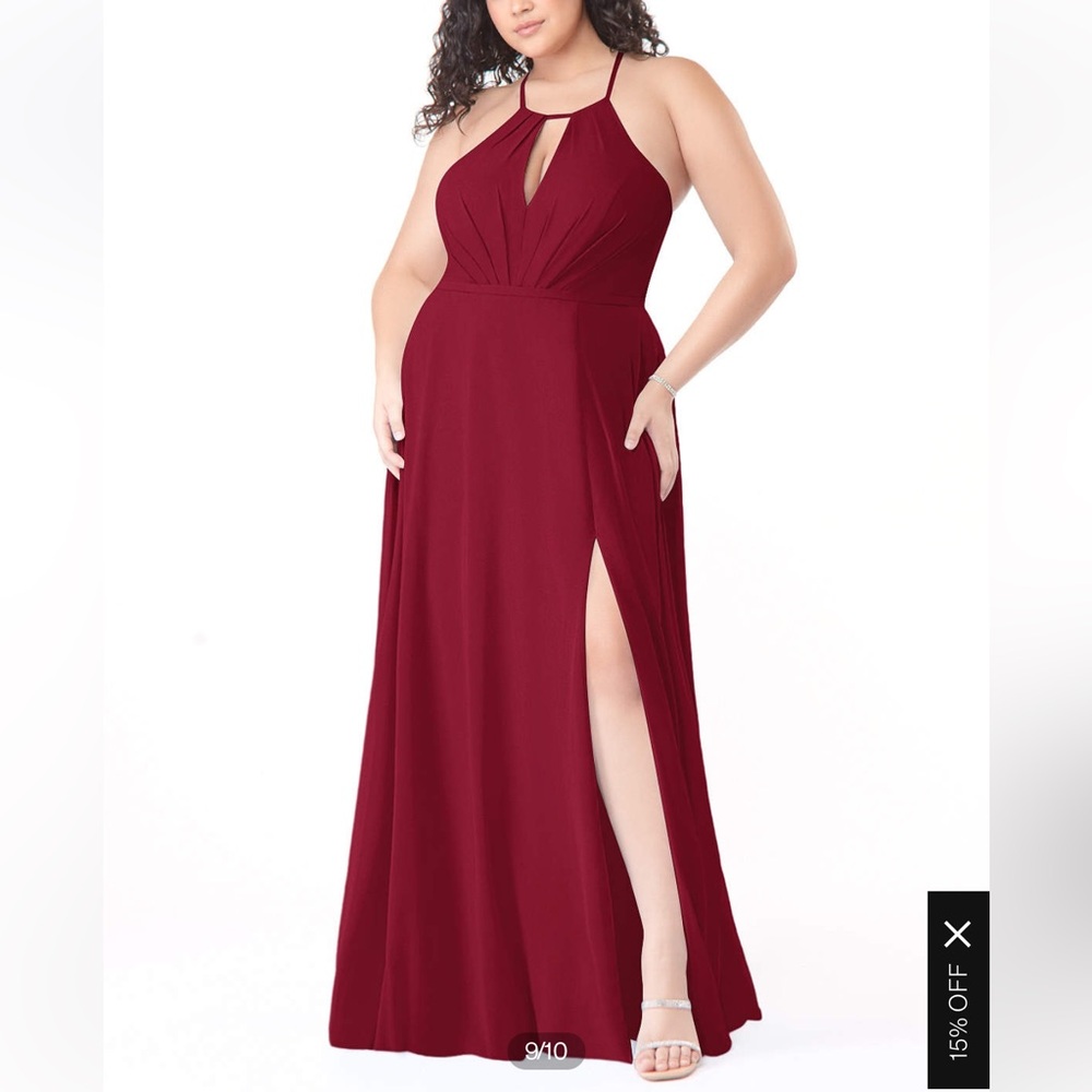 Plus-Size Burgundy Halter Evening Dress with Thigh Slit